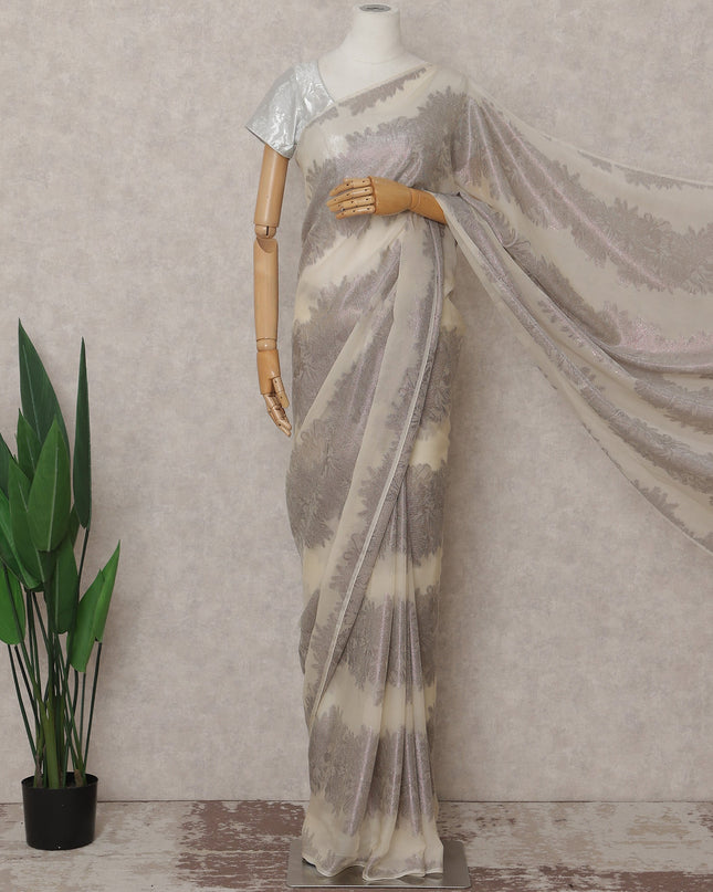 Ivory Cream French Silk Chiffon Saree 5.5m