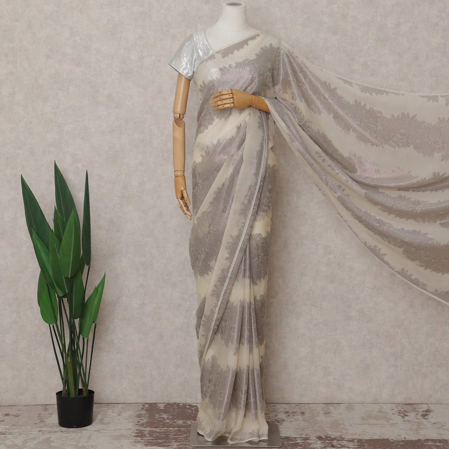 Ivory Cream French Silk Chiffon Saree 5.5m