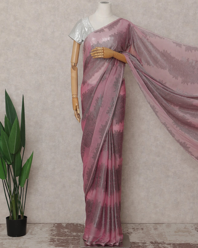 Rose Pink Shaded Leaf Motif Premium Pure French Silk Chiffon Saree with Metallic Lurex 5.5 Meters Length 110cm Width French Origin - D32517 Regal Fabrics
