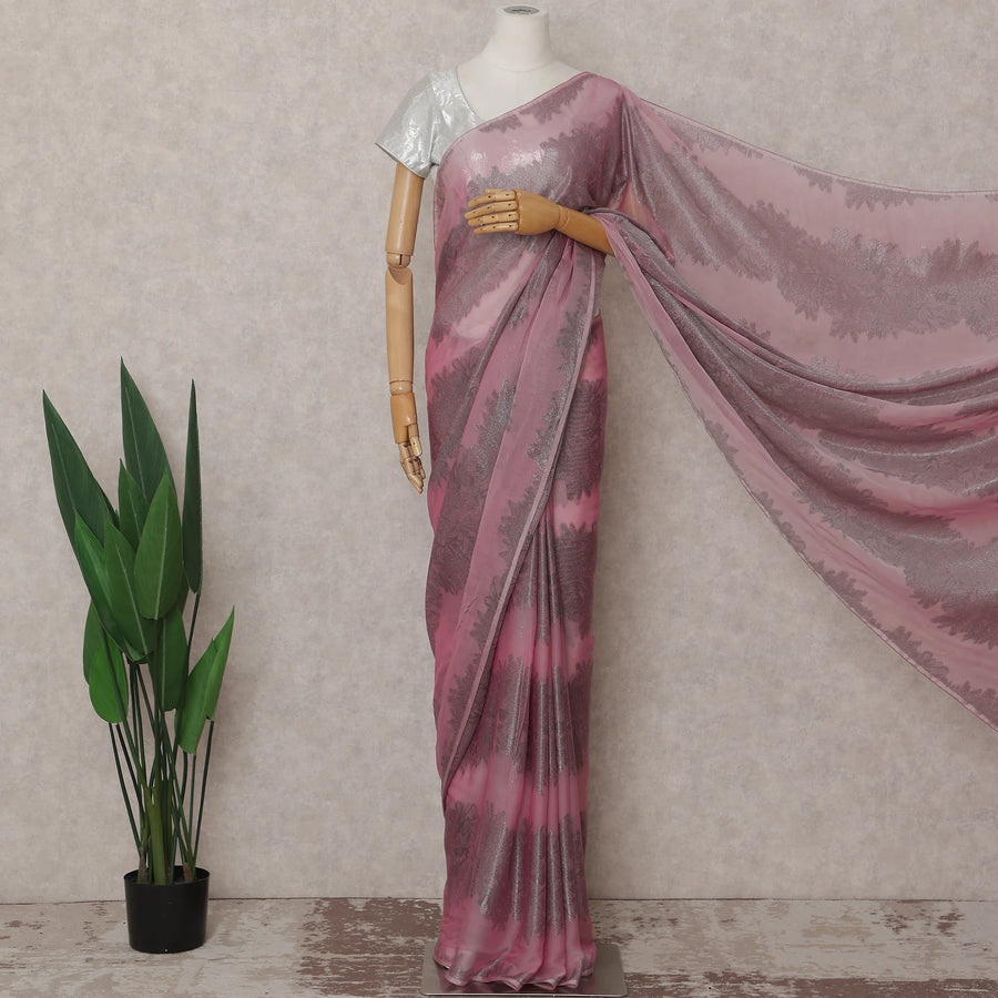 Rose Pink Shaded Leaf Motif Premium Pure French Silk Chiffon Saree with Metallic Lurex 5.5 Meters Length 110cm Width French Origin - D32517 Regal Fabrics
