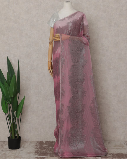 Rose Pink Shaded Leaf Motif Premium Pure French Silk Chiffon Saree with Metallic Lurex 5.5 Meters Length 110cm Width French Origin - D32517 Regal Fabrics