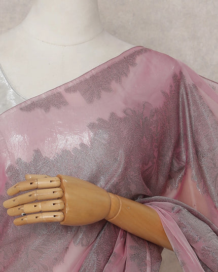 Rose Pink Shaded Leaf Motif Premium Pure French Silk Chiffon Saree with Metallic Lurex 5.5 Meters Length 110cm Width French Origin - D32517 Regal Fabrics
