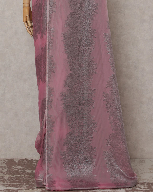 Rose Pink Shaded Leaf Motif Premium Pure French Silk Chiffon Saree with Metallic Lurex 5.5 Meters Length 110cm Width French Origin - D32517 Regal Fabrics
