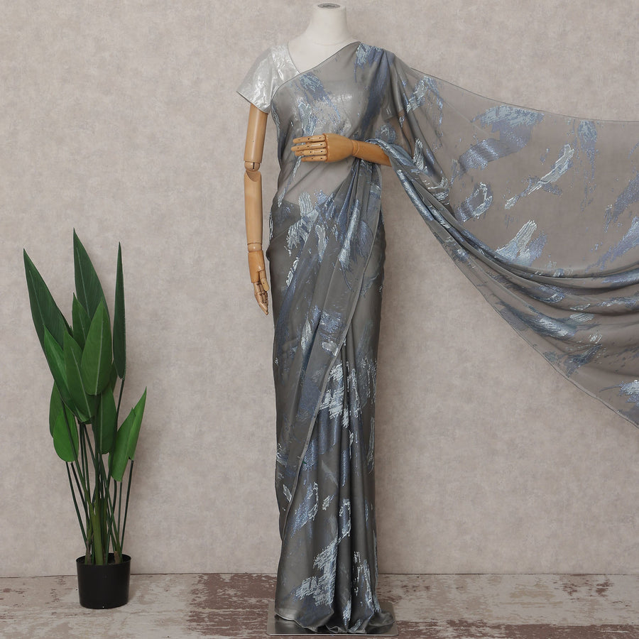 Steel Grey French Silk Chiffon Saree 5.5m