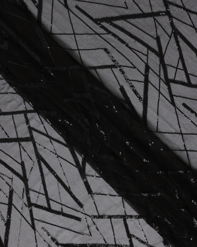 Charcoal Black Abstract Silk Chiffon Fabric 110cm