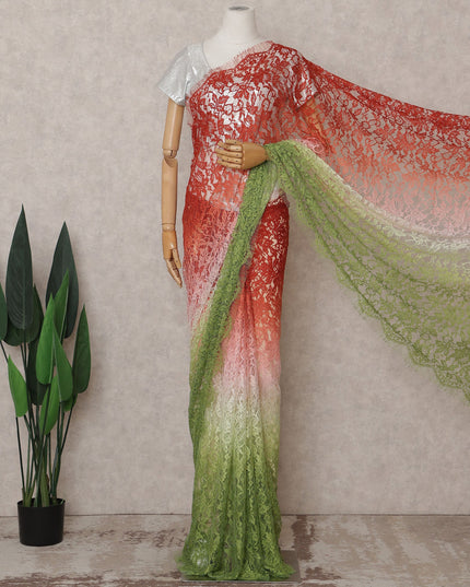 Coral Red to Olive Green Ombre Ombre Chantilly Saree - D3163