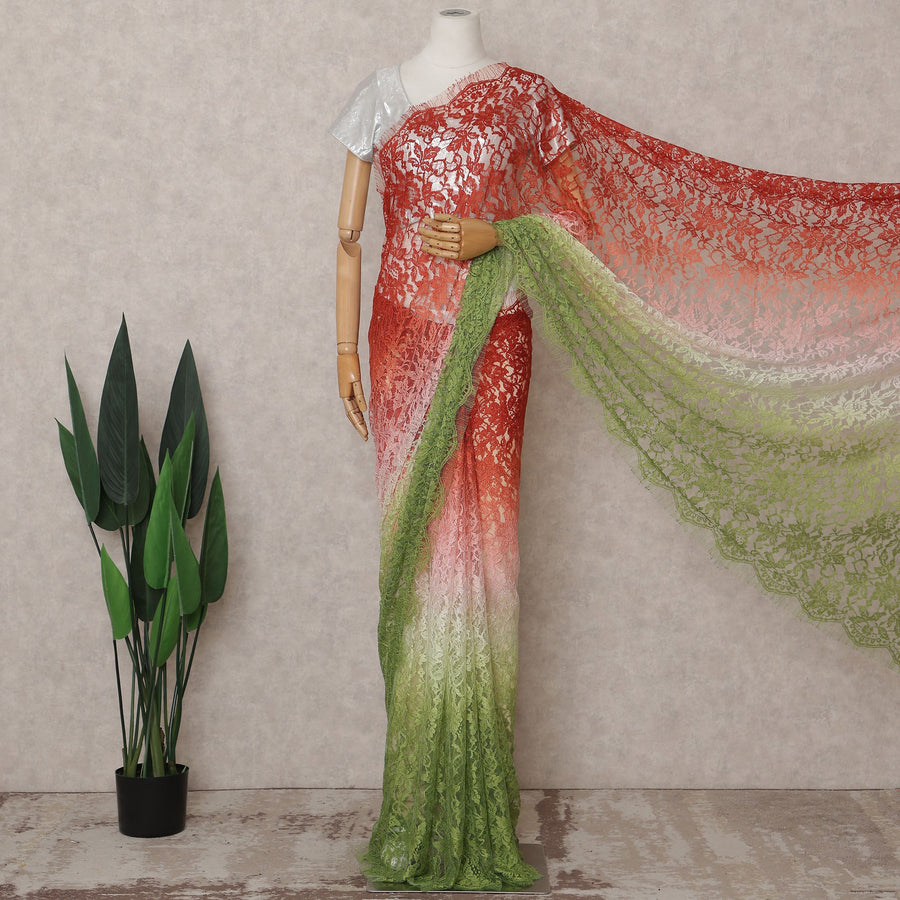Coral Red to Olive Green Ombre Ombre Chantilly Saree - D3163