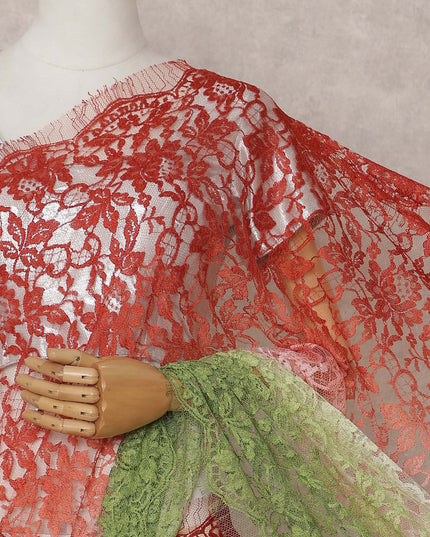 Coral Red to Olive Green Ombre Ombre Chantilly Saree - D3163