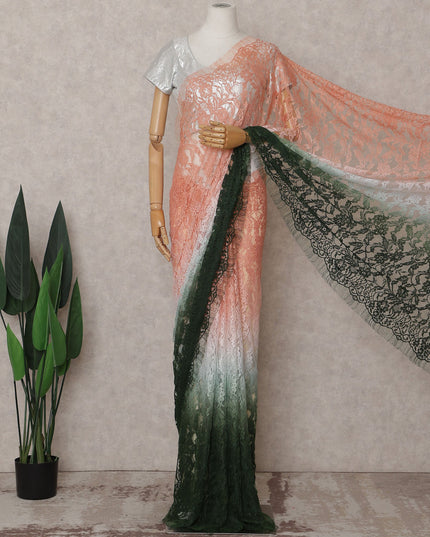 Peach Orange to Bottle Green Ombre Ombre Chantilly Saree - D