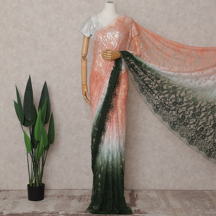 Peach Orange to Bottle Green Ombre Ombre Chantilly Saree - D