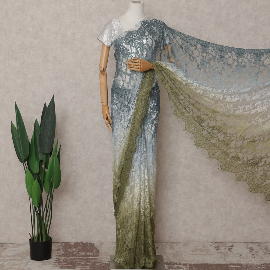 Slate Blue To Olive Green Ombre Lace Saree | Regal Fabrics