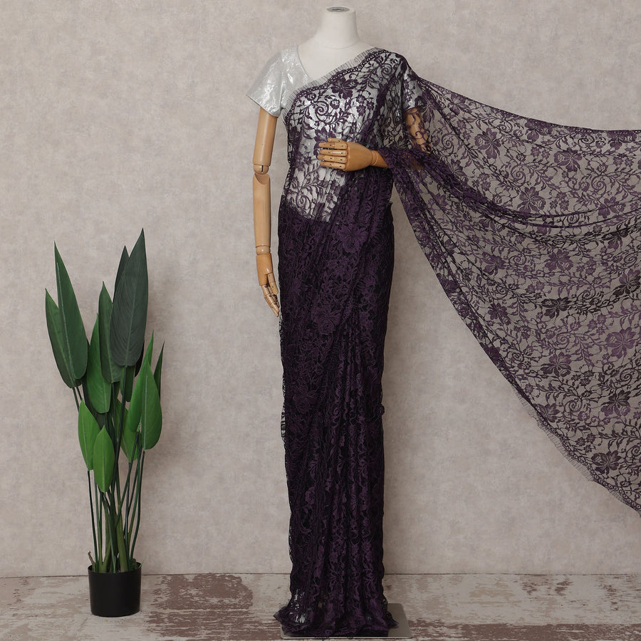 Plum Purple French Chantilly Lace Saree