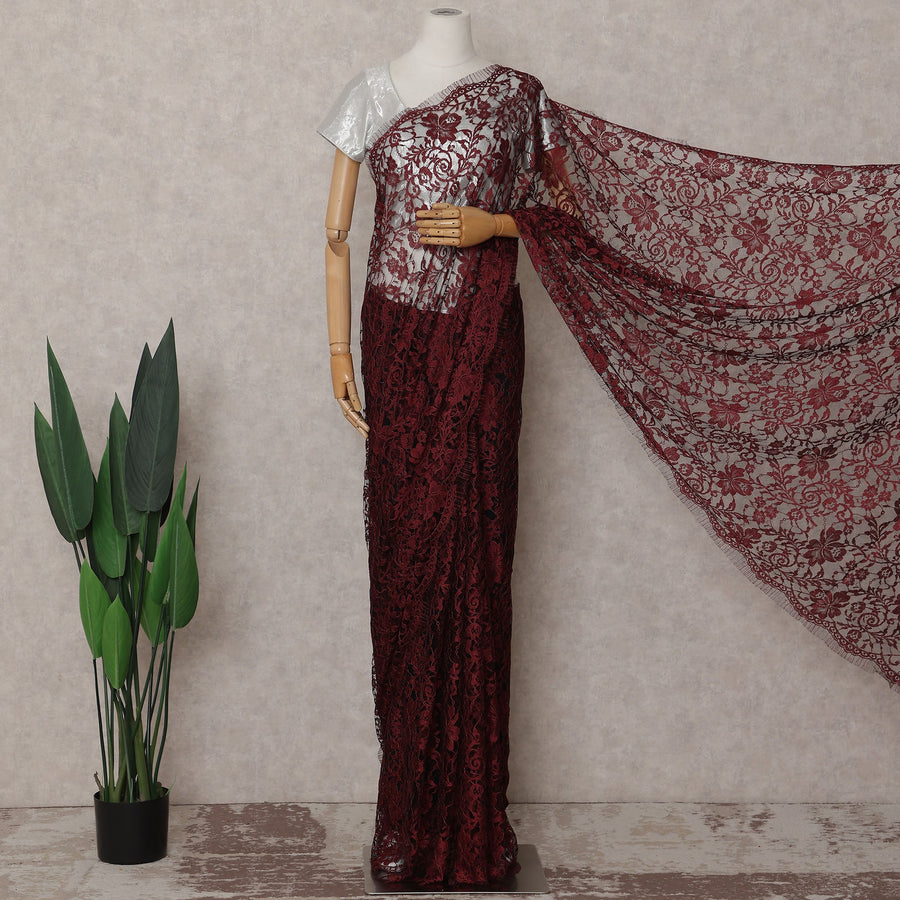 Wine Red French Chantilly Lace Saree