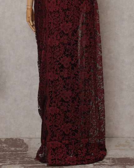 Wine Red French Chantilly Lace Saree