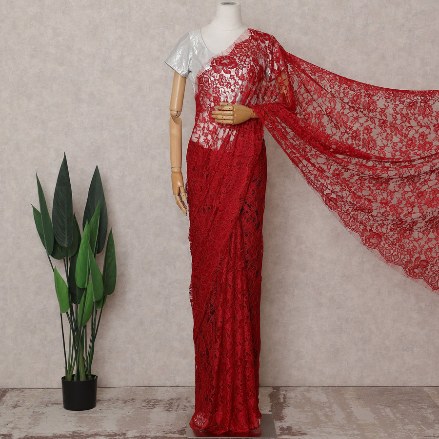 Scarlet Red Chantilly Lace Saree - D31651