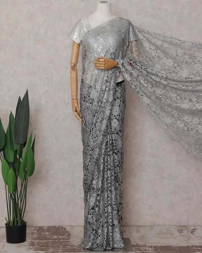 Silver Grey Chantilly Lace Saree | Regal Fabrics
