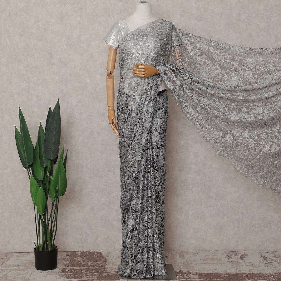 Silver Grey Chantilly Lace Saree | Regal Fabrics