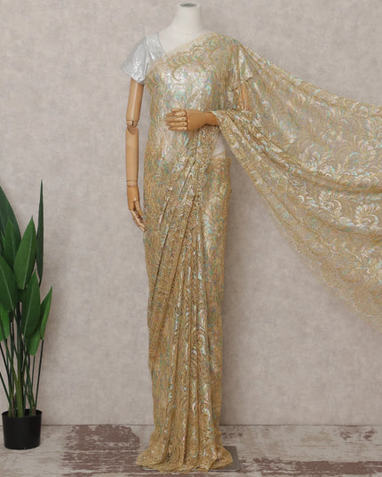Champagne Gold French Chantilly Lace Saree 5.5m