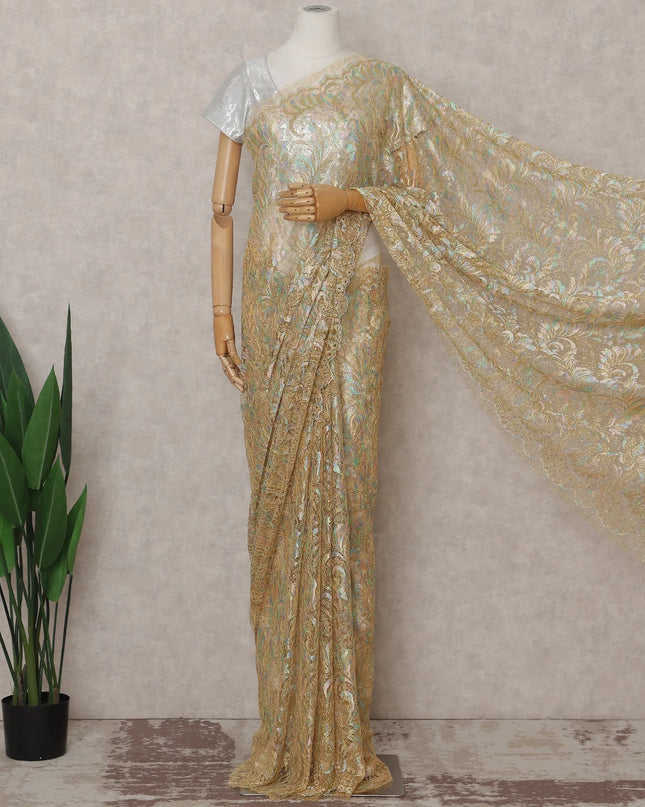 Champagne Gold French Chantilly Lace Saree 5.5m