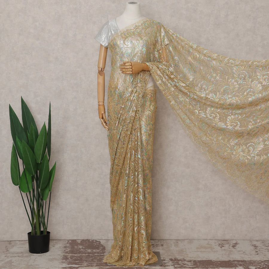 Champagne Gold French Chantilly Lace Saree 5.5m