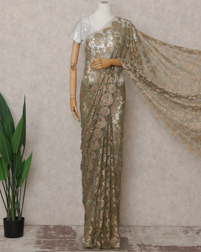 Olive Gold French Chantilly Lace Saree 5.5m