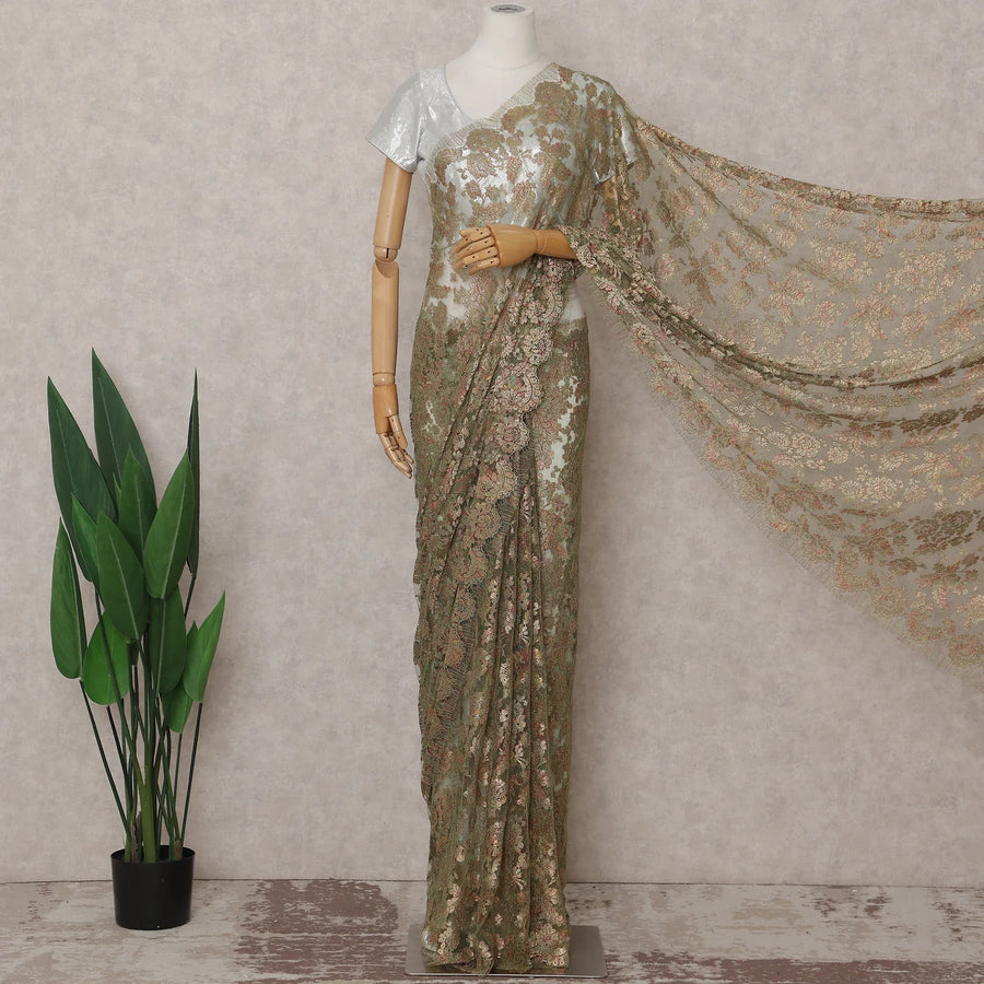Olive Gold French Chantilly Lace Saree 5.5m