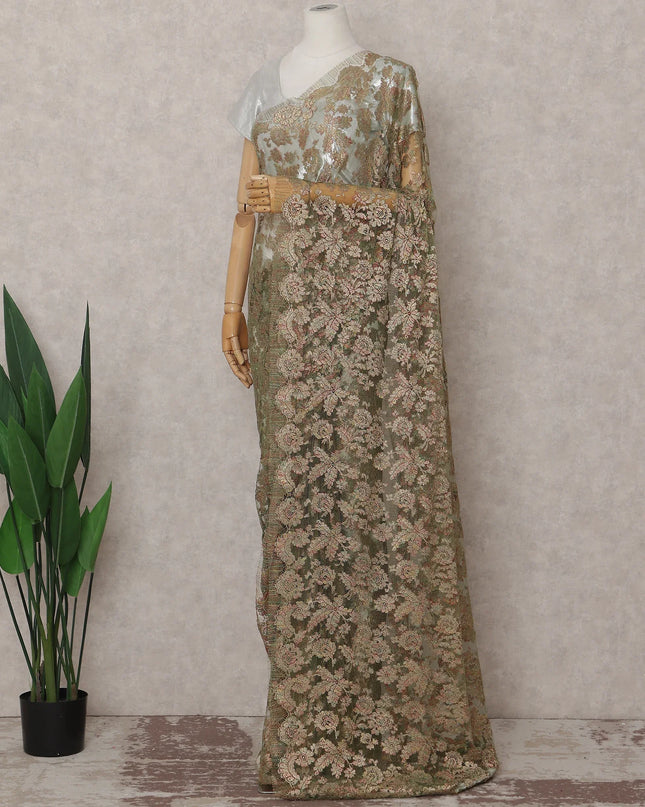 Olive Gold French Chantilly Lace Saree 5.5m