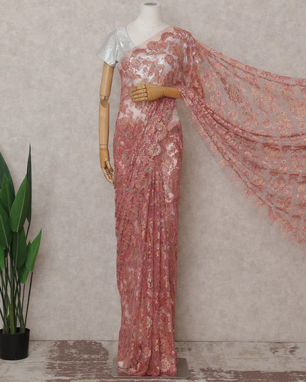 Salmon Coral Pink French Chantilly Lace Saree 5.5m