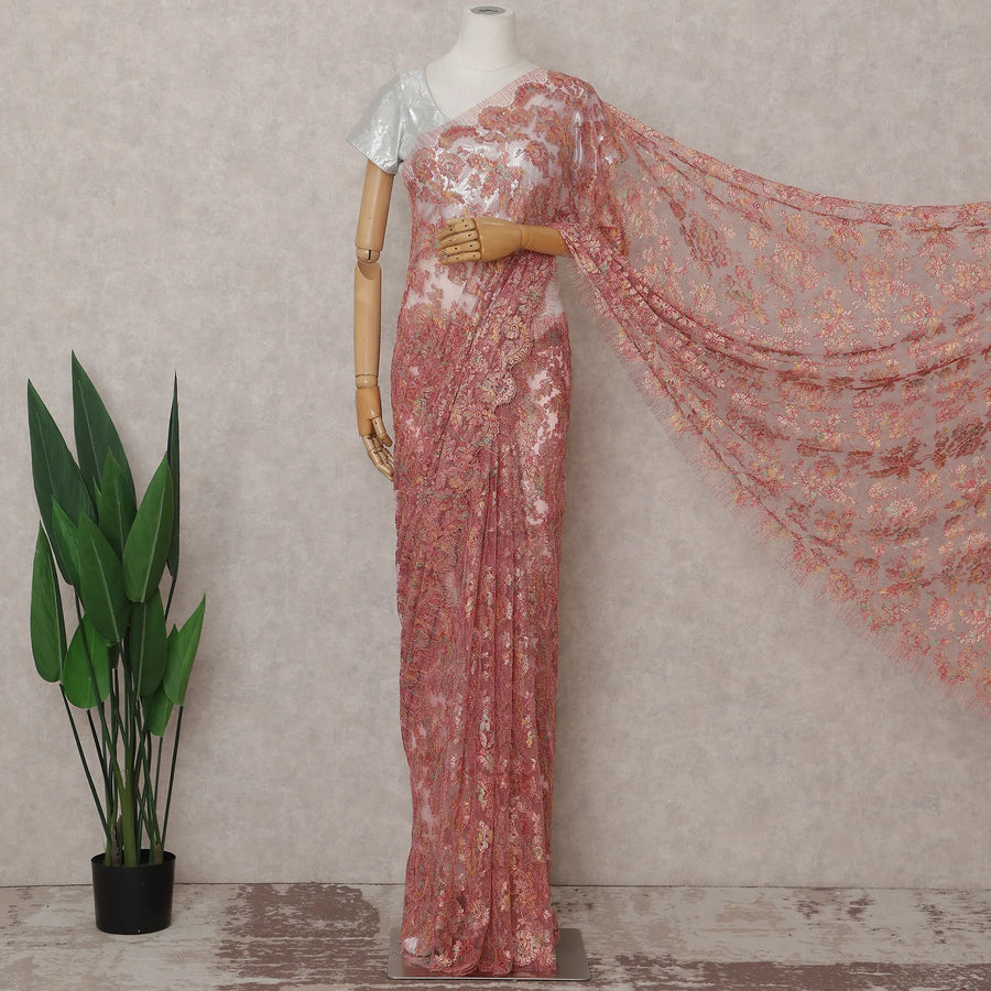 Salmon Coral Pink French Chantilly Lace Saree 5.5m