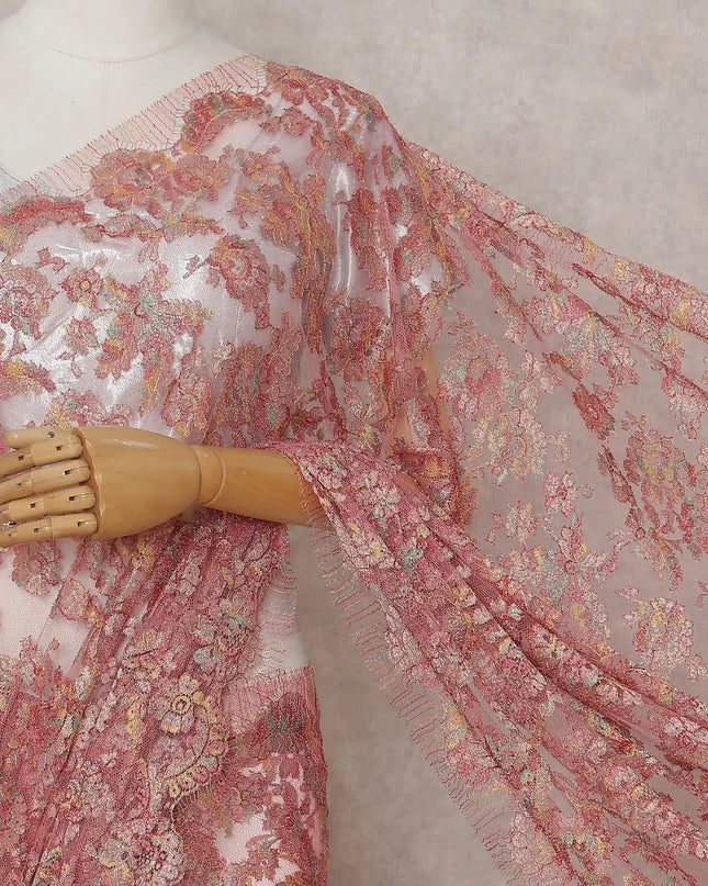 Salmon Coral Pink French Chantilly Lace Saree 5.5m