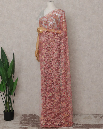 Salmon Coral Pink French Chantilly Lace Saree 5.5m
