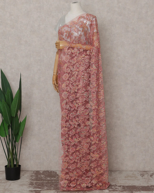 Salmon Coral Pink French Chantilly Lace Saree 5.5m