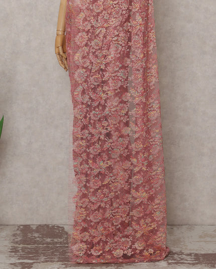 Salmon Coral Pink French Chantilly Lace Saree 5.5m