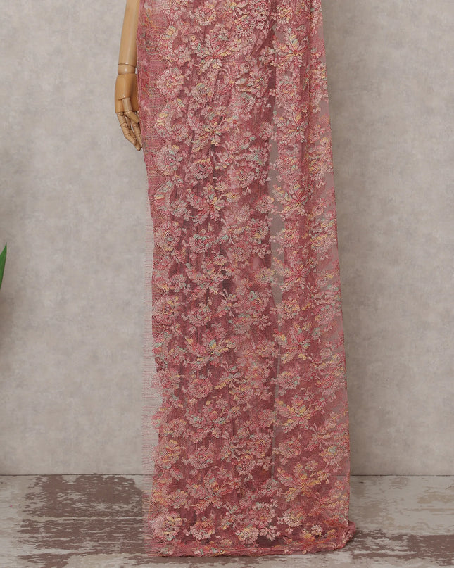 Salmon Coral Pink French Chantilly Lace Saree 5.5m