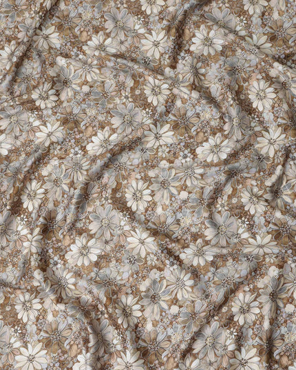 Caramel Brown Floral Satin Fabric 110cm