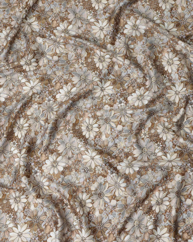 Caramel Brown Floral Satin Fabric 110cm