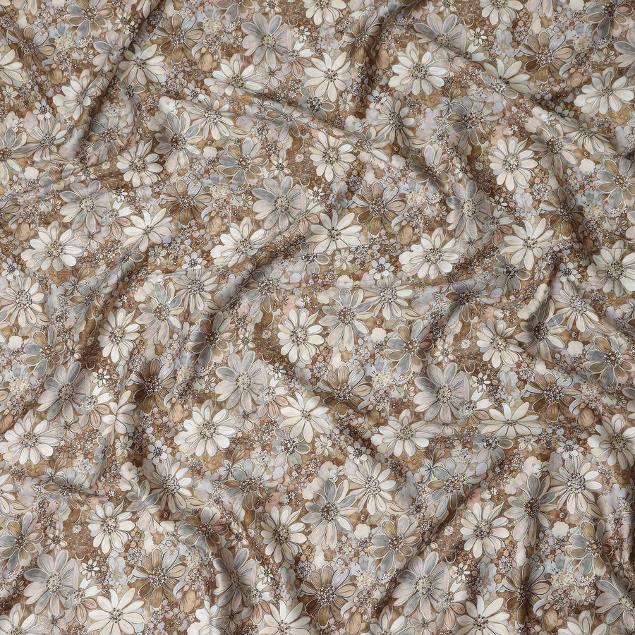 Caramel Brown Floral Satin Fabric 110cm