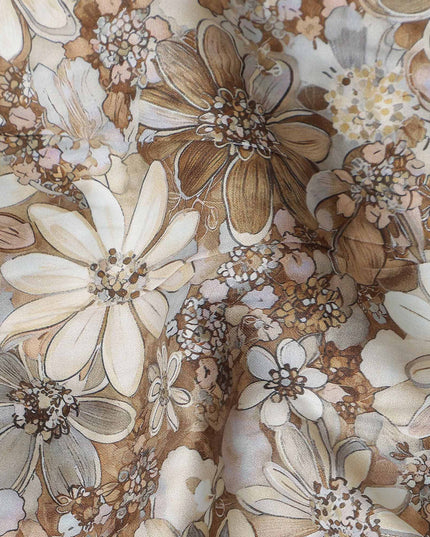 Caramel Brown Floral Satin Fabric 110cm