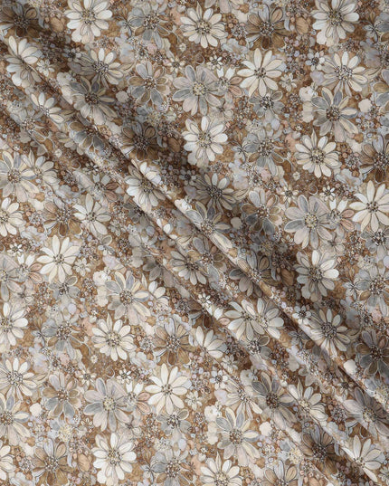 Caramel Brown Floral Satin Fabric 110cm