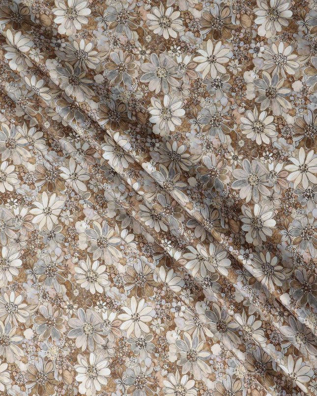 Caramel Brown Floral Satin Fabric 110cm
