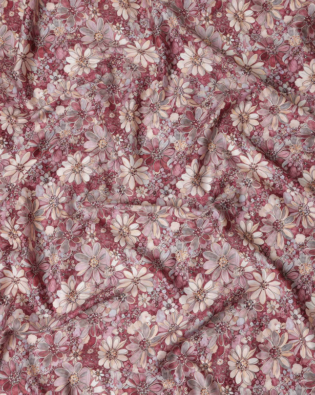 Berry Maroon Floral Satin Fabric 110cm