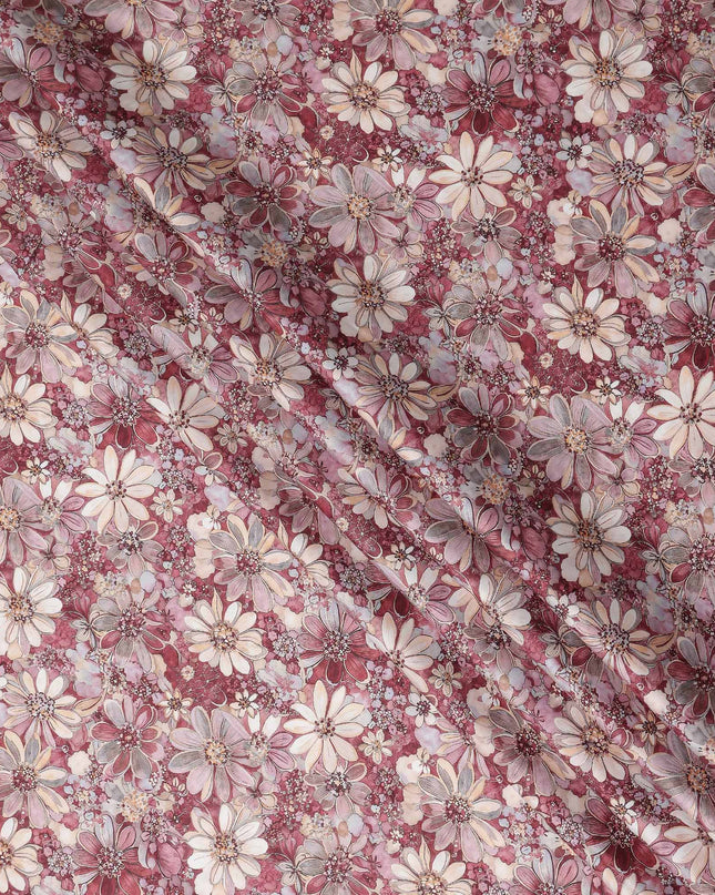 Berry Maroon Floral Satin Fabric 110cm