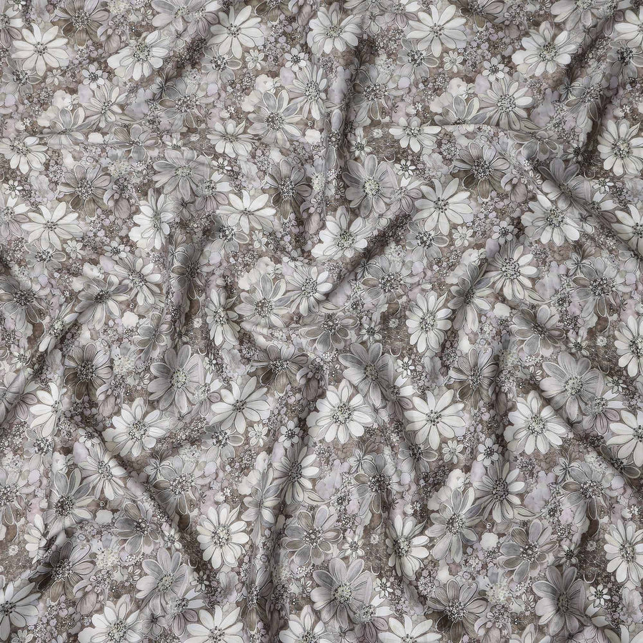 Taupe Grey Floral Satin Fabric 110cm