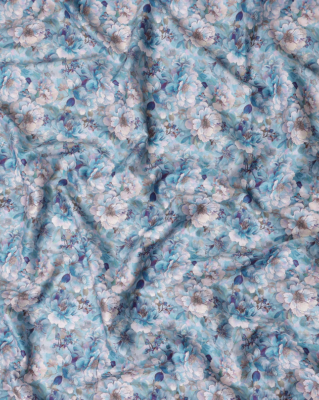 Sky Blue Floral Satin Fabric 110cm