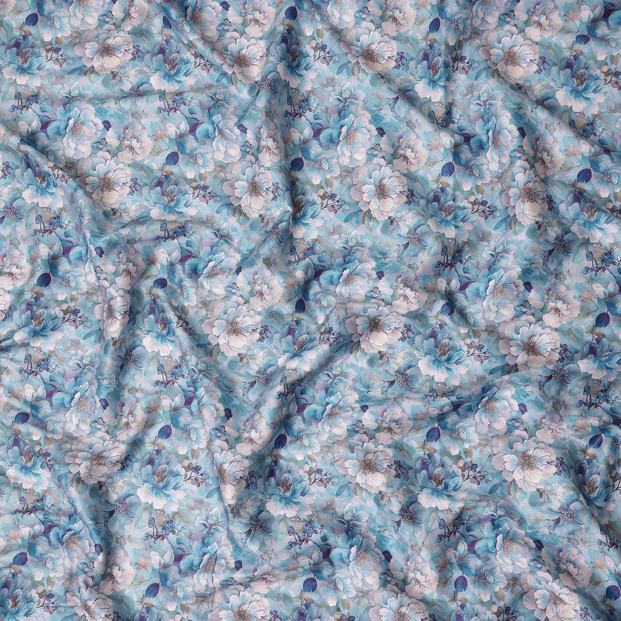 Sky Blue Floral Satin Fabric 110cm