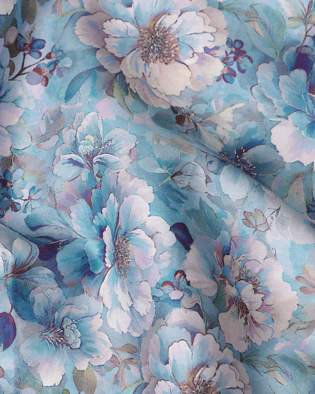 Sky Blue Floral Satin Fabric 110cm
