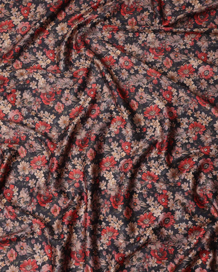 Charcoal Black Floral Satin Fabric 110cm