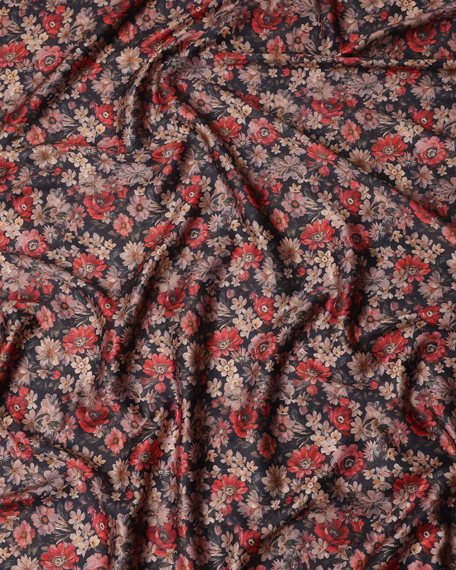 Charcoal Black Floral Satin Fabric 110cm
