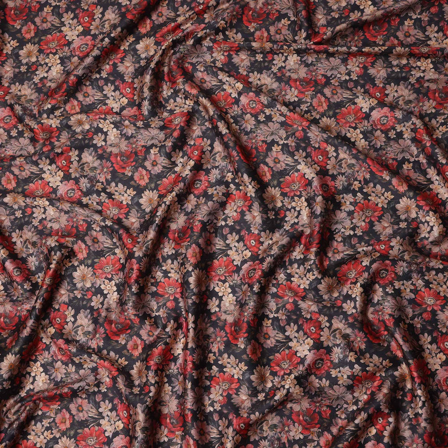 Charcoal Black Floral Satin Fabric 110cm