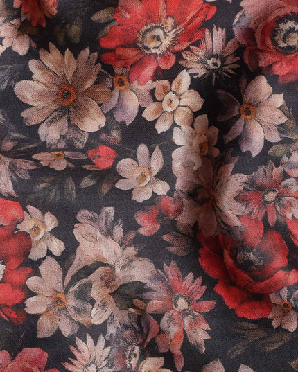 Charcoal Black Floral Satin Fabric 110cm